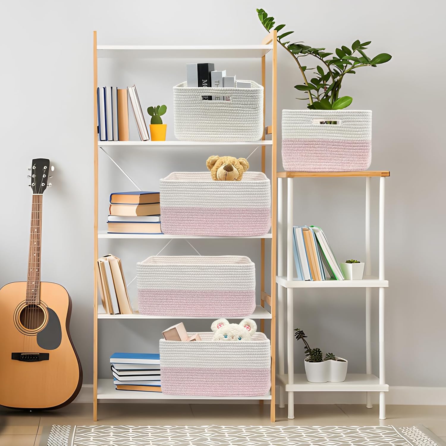 COMFY-HOMI 2 pcs Large Storage Baskets for Shelves, Laundry Basket, Woven Rope Basket, Closet Organizer Bins for Clothes Blanket Towels, Baby Nursery, Gift Toy Baskets, 17” x 13” x 7.5”-White/Pink