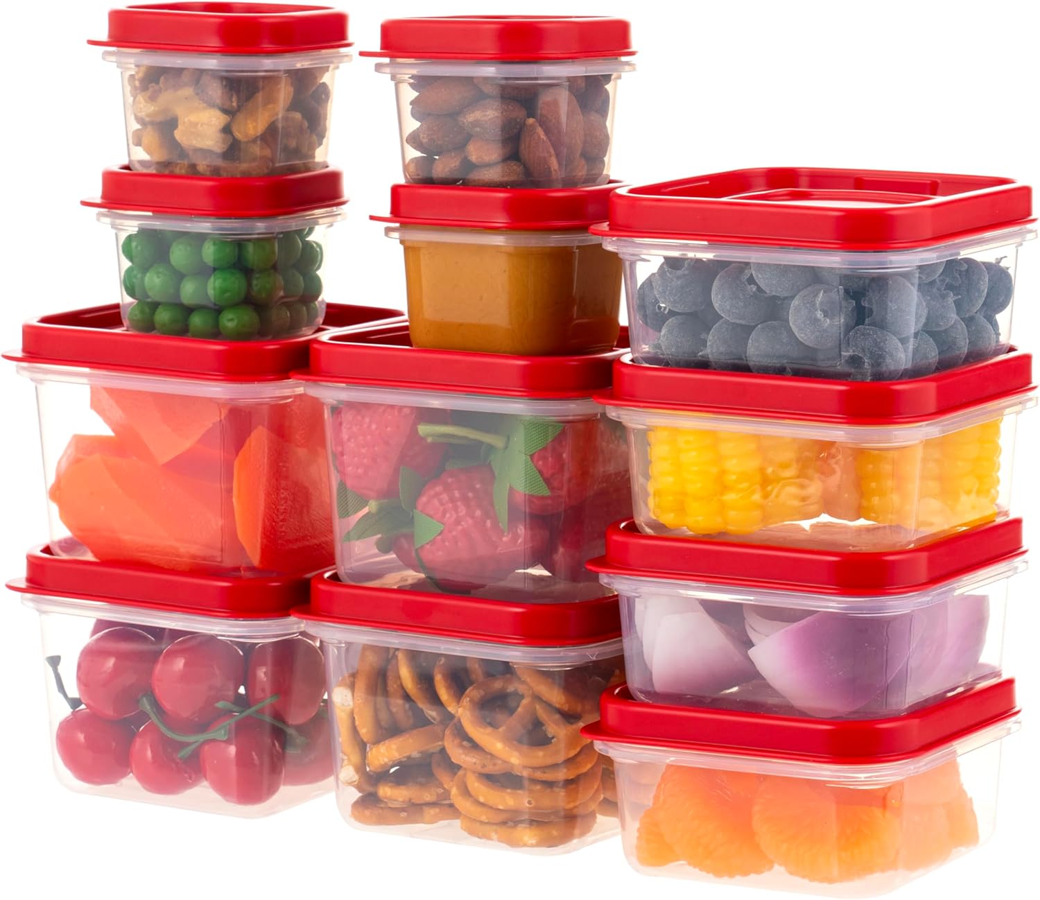 IRIS USA Plastic Food Storage Containers, 24 PC, 12/8/3 Oz Combo Set, 12 Small Containers With Lids, For Sides Snack Fruit Dips Condiments, Microwave Dishwasher Freezer Safe, BPA Free, Clear/Red