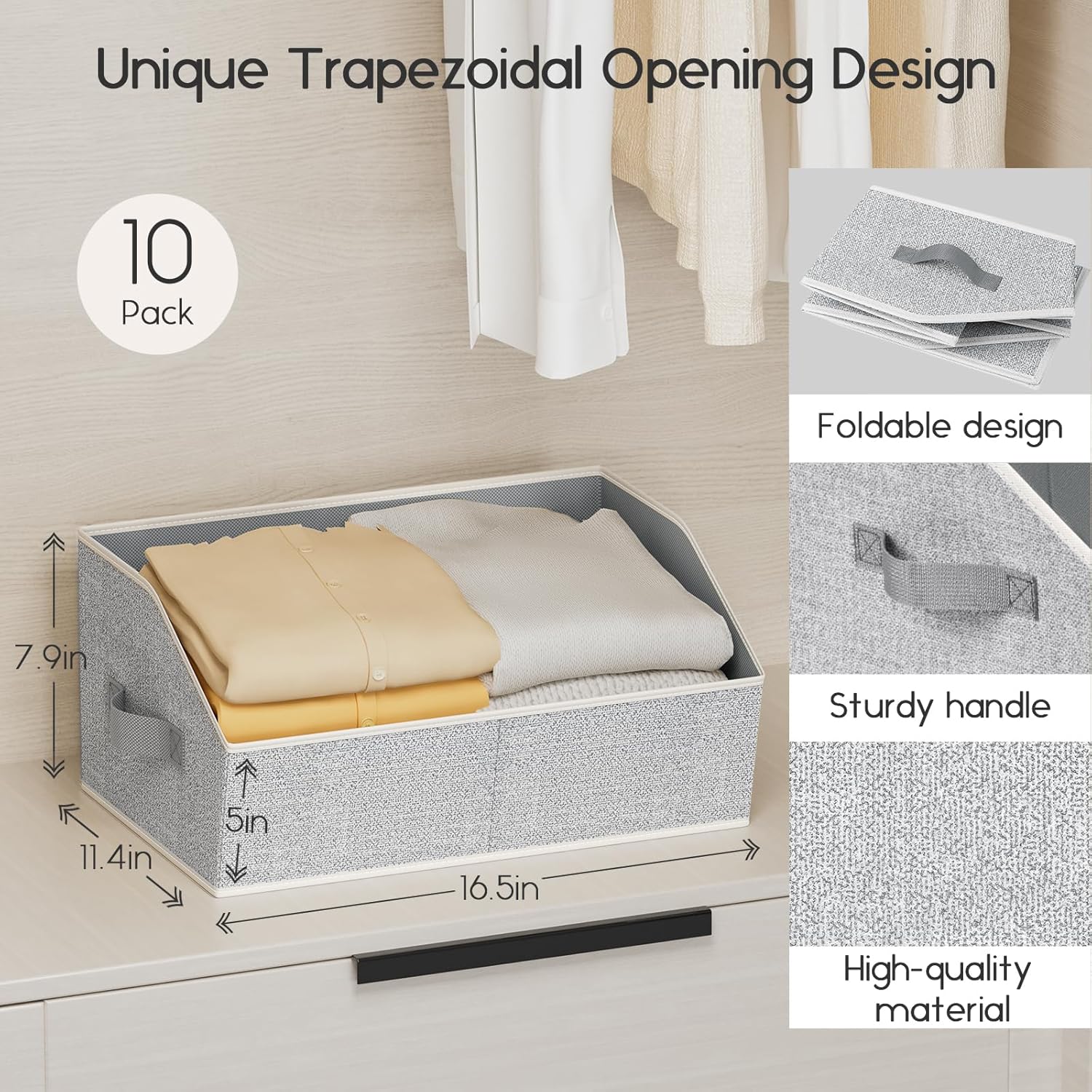 Large Closet Organizers and Storage Bins - 10 Pack Trapezoid Storage Baskets for Shelves, Foldable Fabric Baskets with Handles Ideal for Closet, Basket, Wardrobe and Shelf Storage, Beige