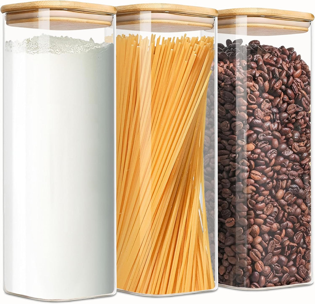 2.2 Qt Square Glass Storage Containers with Lids, Clear Food Storage Container Jar with Sealing Bamboo Lid Storage Containers for Pasta, Oats, Coffee, Flour, Sugar (Square -3Pack)