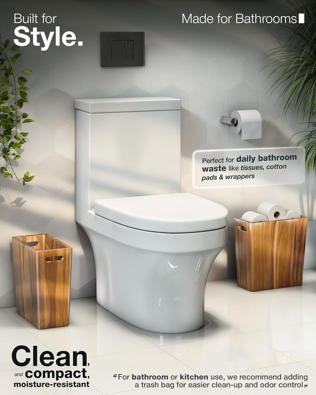 BLUEWEST 2.6 Gallons Wooden Wastebaskets – Solid Acacia Wood Trash Can with Handles, Rectangular Bin for Bathroom, Bedroom, Kitchen, Office – Brown Decorative Basket for Living Room or Under Counter