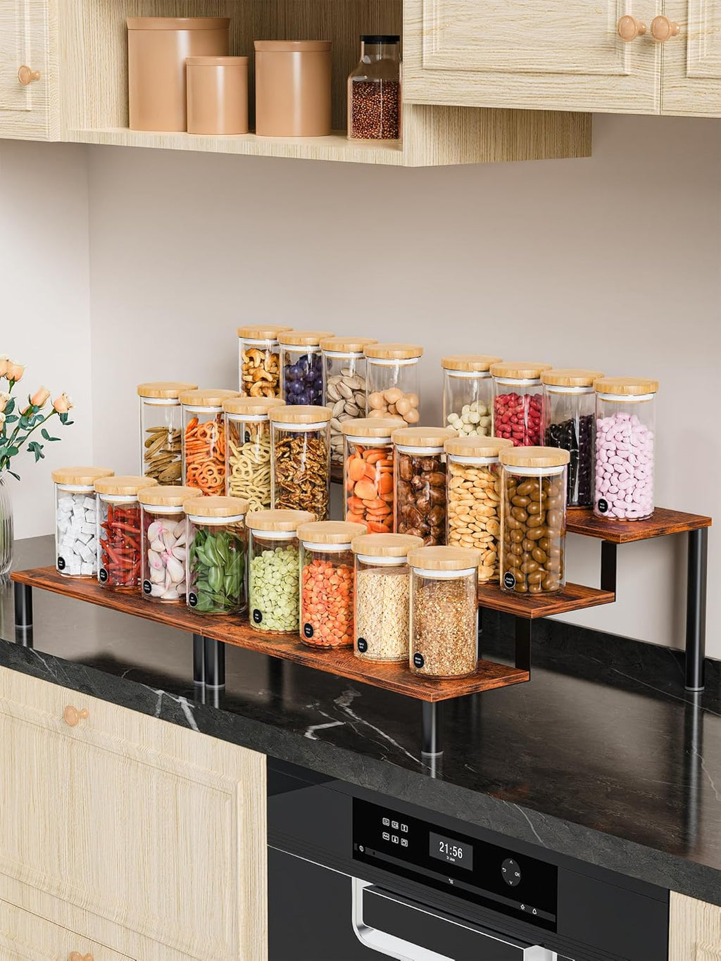 Set of 4 Wooden Display Stand Riser, 3 Tier Perfume Organizer Stand Cupcake Stand Holder, Tiered Display Stand Risers Display Shelf for Home and Shop (Black, 4 pcs)