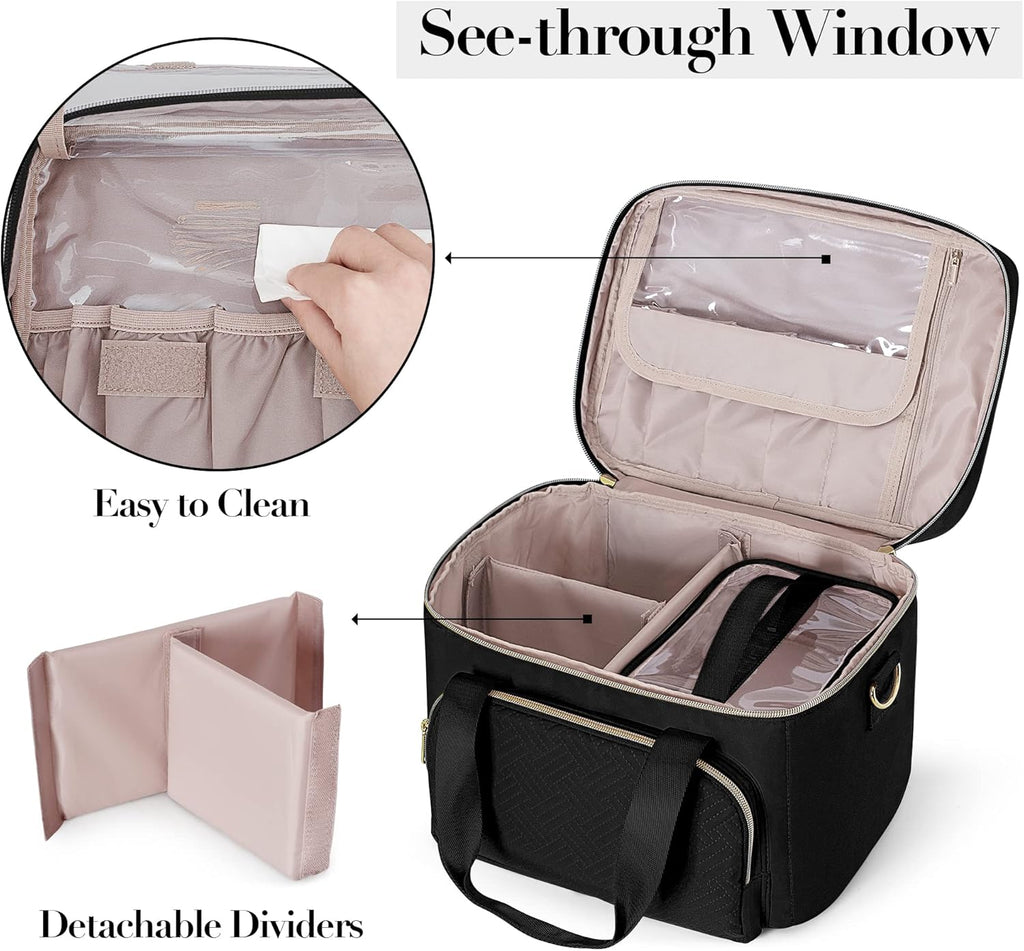 Travel Makeup Bag with 2 Pouches and Adjustable Dividers, Large Cosmetic Case Make up Organizer for Women Fits Bottles Vertically, Black (Patented Design)