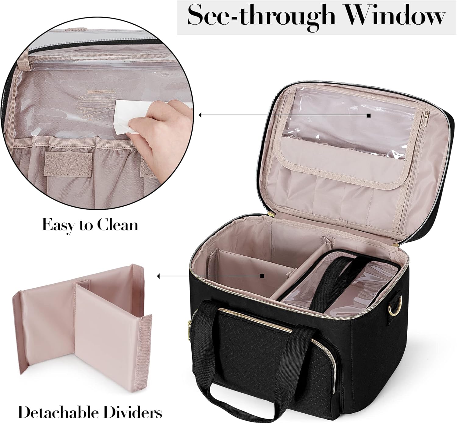 Travel Makeup Bag with 2 Pouches and Adjustable Dividers, Large Cosmetic Case Make up Organizer for Women Fits Bottles Vertically, Black (Patented Design)