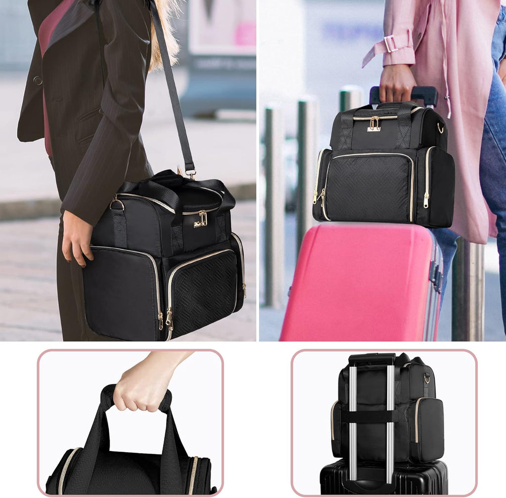 Large Cosmetic Bag with 3 Removable Case, Double Layer Travel Organizer with Inner Dividers and Makeup Brushes Storage Section, Black (Patented Design)