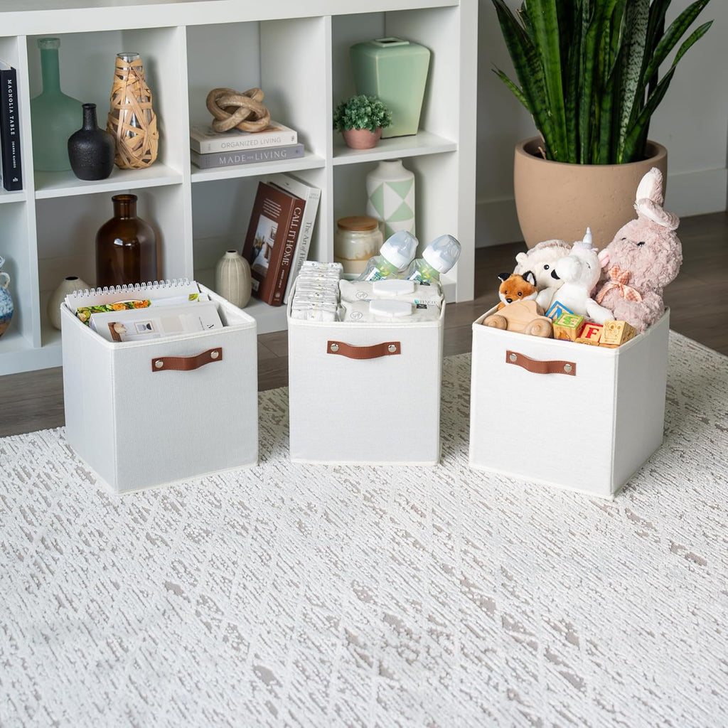 OrganiHaus 11" x 11" x 11" Fabric Cubes Storage Bins Set of 4, Foldable Collapsible Fabric Storage Bins for Organizer, Toy Organizer for Kallax, 11 Inch Linen Cube Shelf Baskets - White