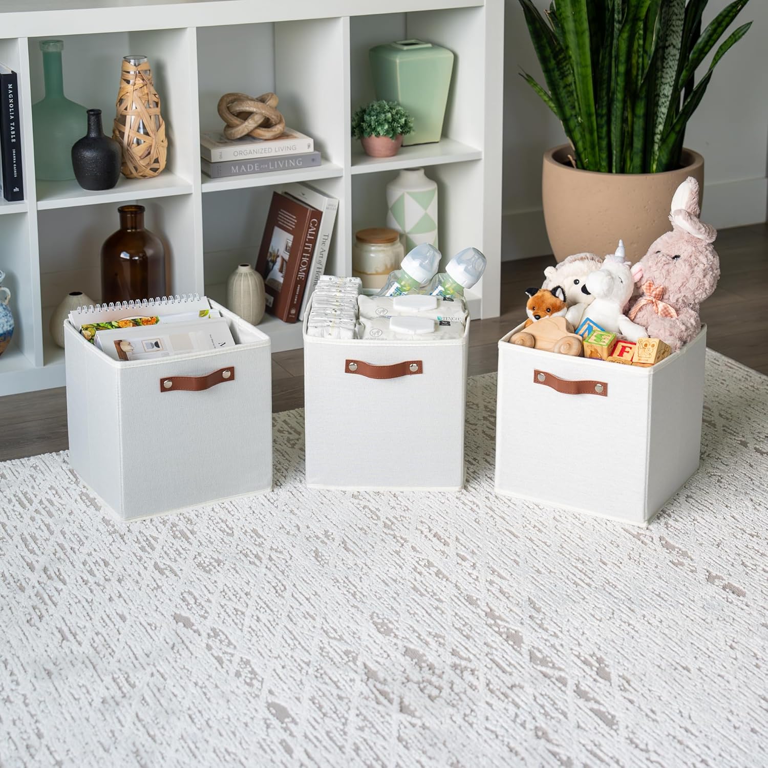 OrganiHaus 11" x 11" x 11" Fabric Cubes Storage Bins Set of 4, Foldable Collapsible Fabric Storage Bins for Organizer, Toy Organizer for Kallax, 11 Inch Linen Cube Shelf Baskets - White