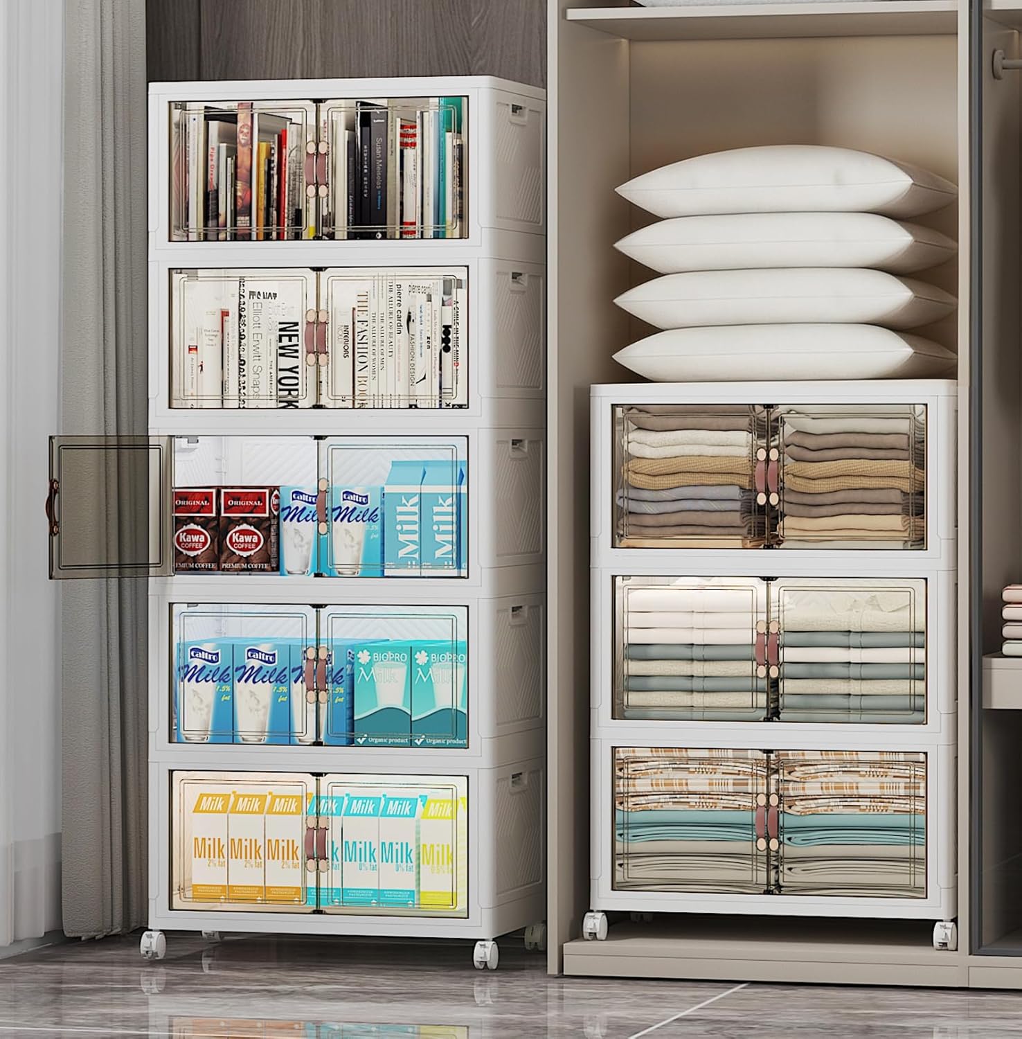 Extra Large Stackable Storage Bins with Lids & Wheels & Door, 416QT-52QT/13GAL*8Pack Foldable Collapsible Closet Organizers, Plastic containers drawers for bedroom Dorm