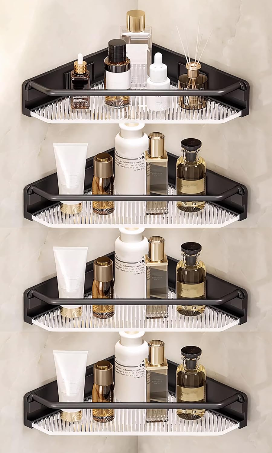 Corner Shower Caddy, 4 Pack Adhesive Bathroom Shelves，Acrylic Shower Shelf Rack, No Drilling Bathroom Organizers and Storage Racks,Black (4 Pack)