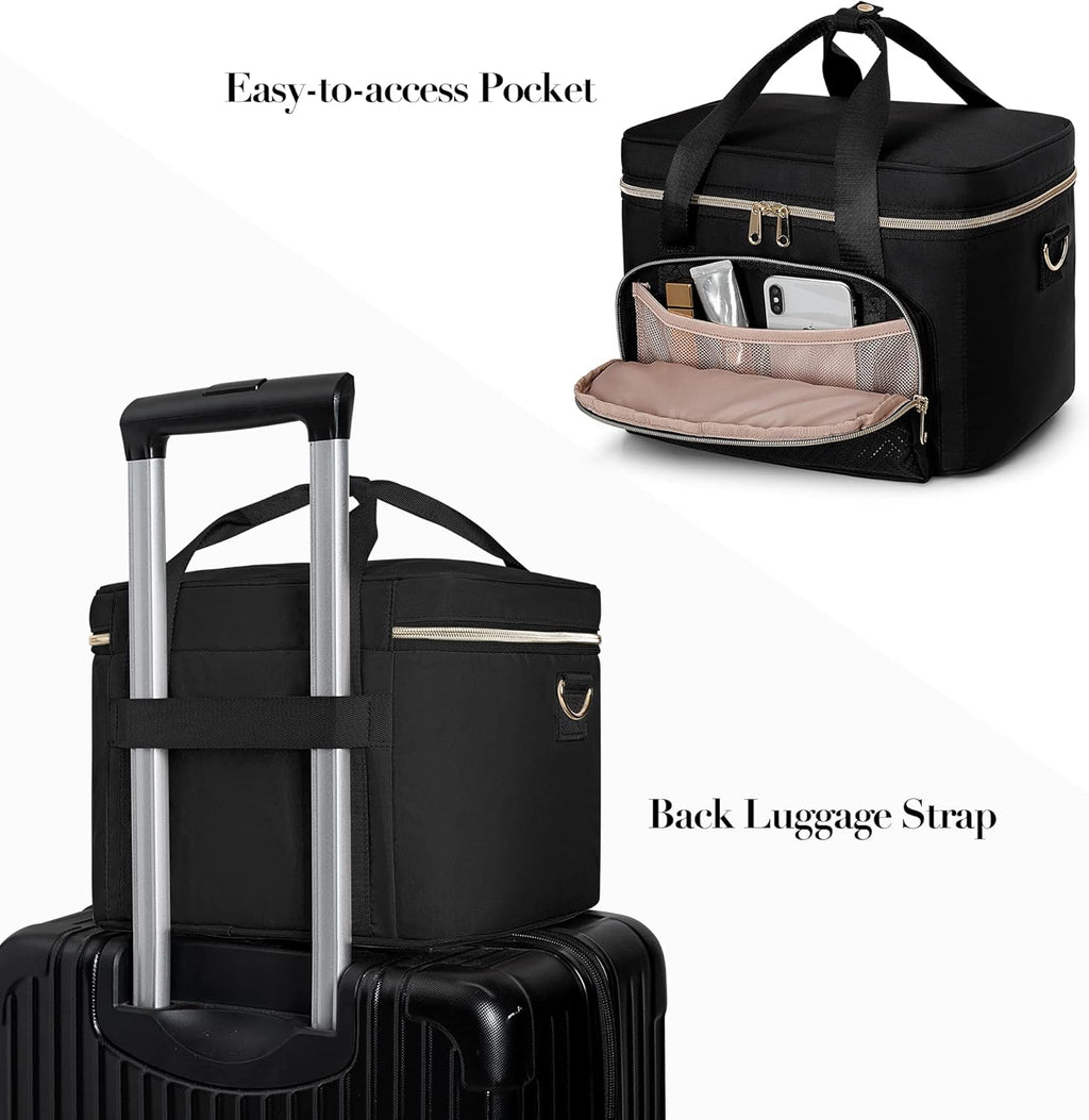 Travel Makeup Bag with 2 Pouches and Adjustable Dividers, Large Cosmetic Case Make up Organizer for Women Fits Bottles Vertically, Black (Patented Design)