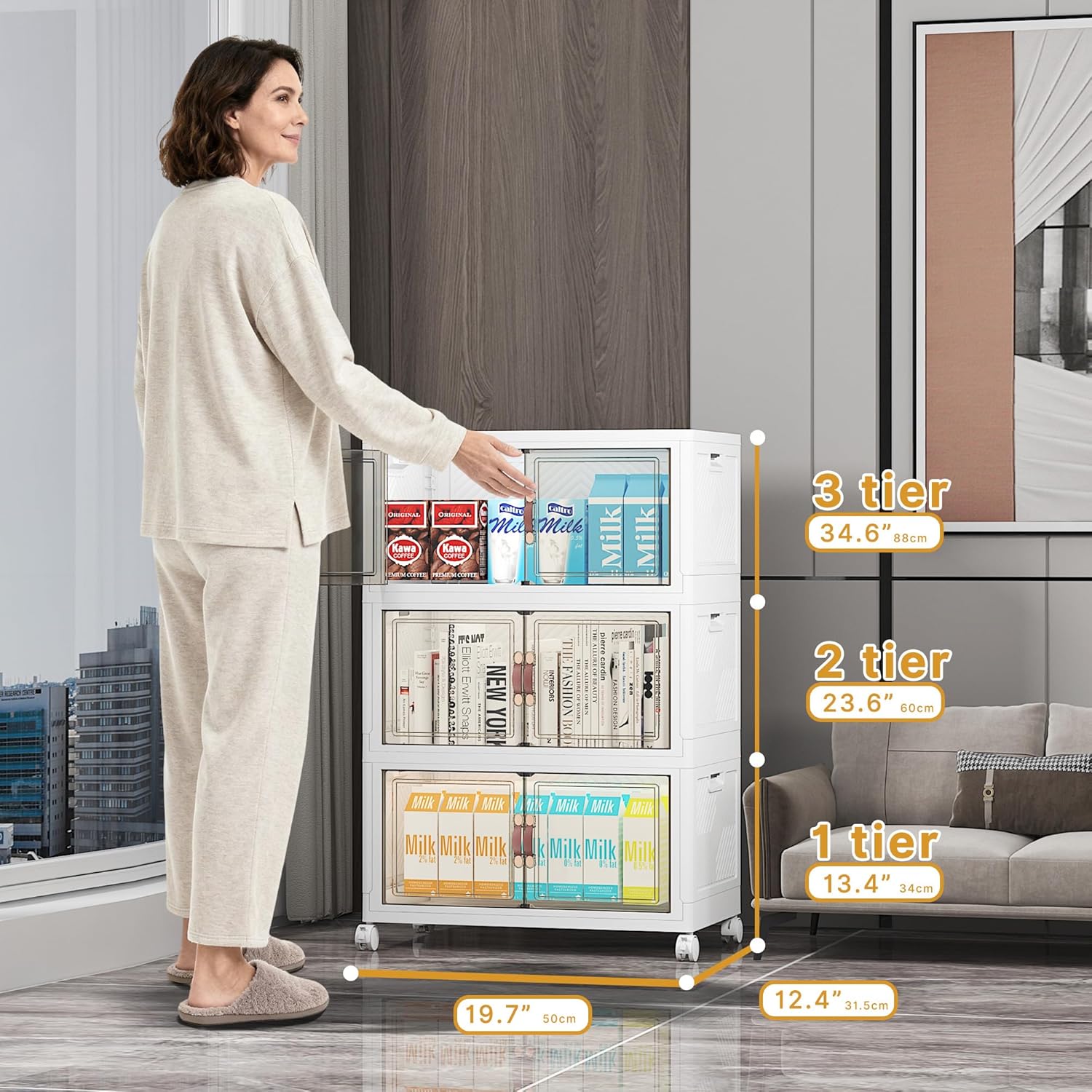 Extra Large Stackable Storage Bins with Lids & Wheels & Door, 312QT-52QT/13GAL*6Pack Foldable Collapsible Closet Organizers, Plastic containers Drawers for Bedroom Dorm