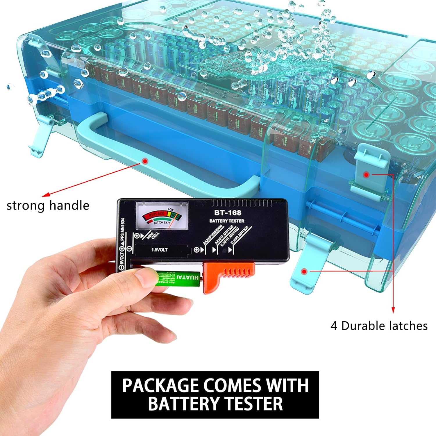 ALCYON Large Capacity 269 Battery Organizer Storage Case with Tester, Double-Side Battery Holder Container for AA AAA AAAA C D 9V Lithium 3V CR123 CR1632 18650 Batteries(Box Only) (Blue)