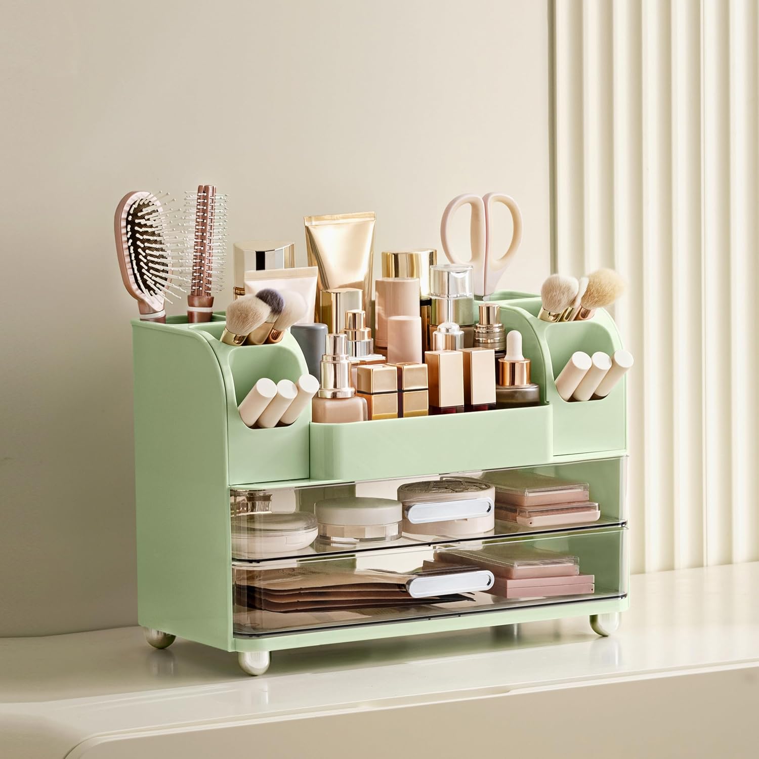 HBlife Makeup Organizer for Vanity with Brush Holder, Large Bathroom Countertop Cosmetic Organizer Skin Care Storage, Easy to Store Lipsticks, Nail Polishes, Perfumes, Eyeshadow Palettes, Green
