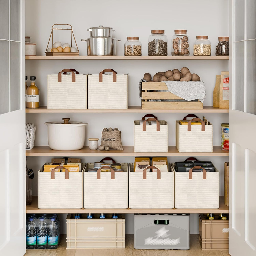 StorageWorks Storage Bins, Shelves Baskets for Organizing, Fabric Closet Organizers with Handles, Metal Frame, Beige（Texture）, 2-Pack