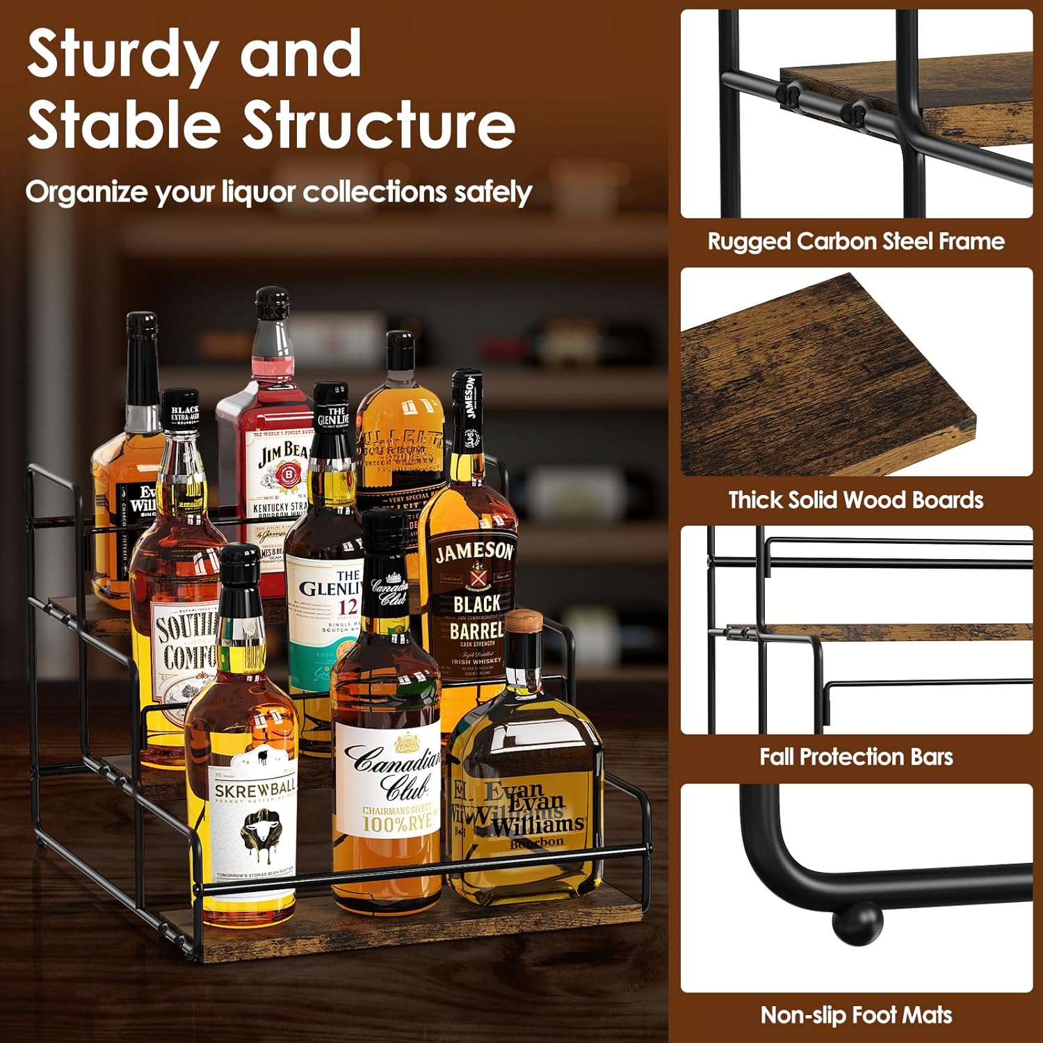 Nuovoware Liquor Bottle Display Shelf, 3-Tier Liquor Shelf, Carbon Steel Bar Cabinet with Wooden Base and Retainer Bar for Whiskey Syrup Wine, Wine Rack for Countertop Kitchen Coffee Bar, Black