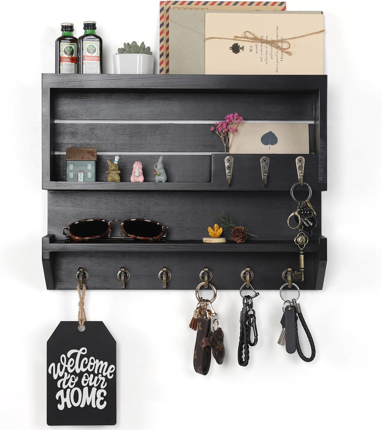 Innovation Key and Mail Holder for Wall, Key Holder Wall Mount, Mail Organizer with 9 Hooks, Black