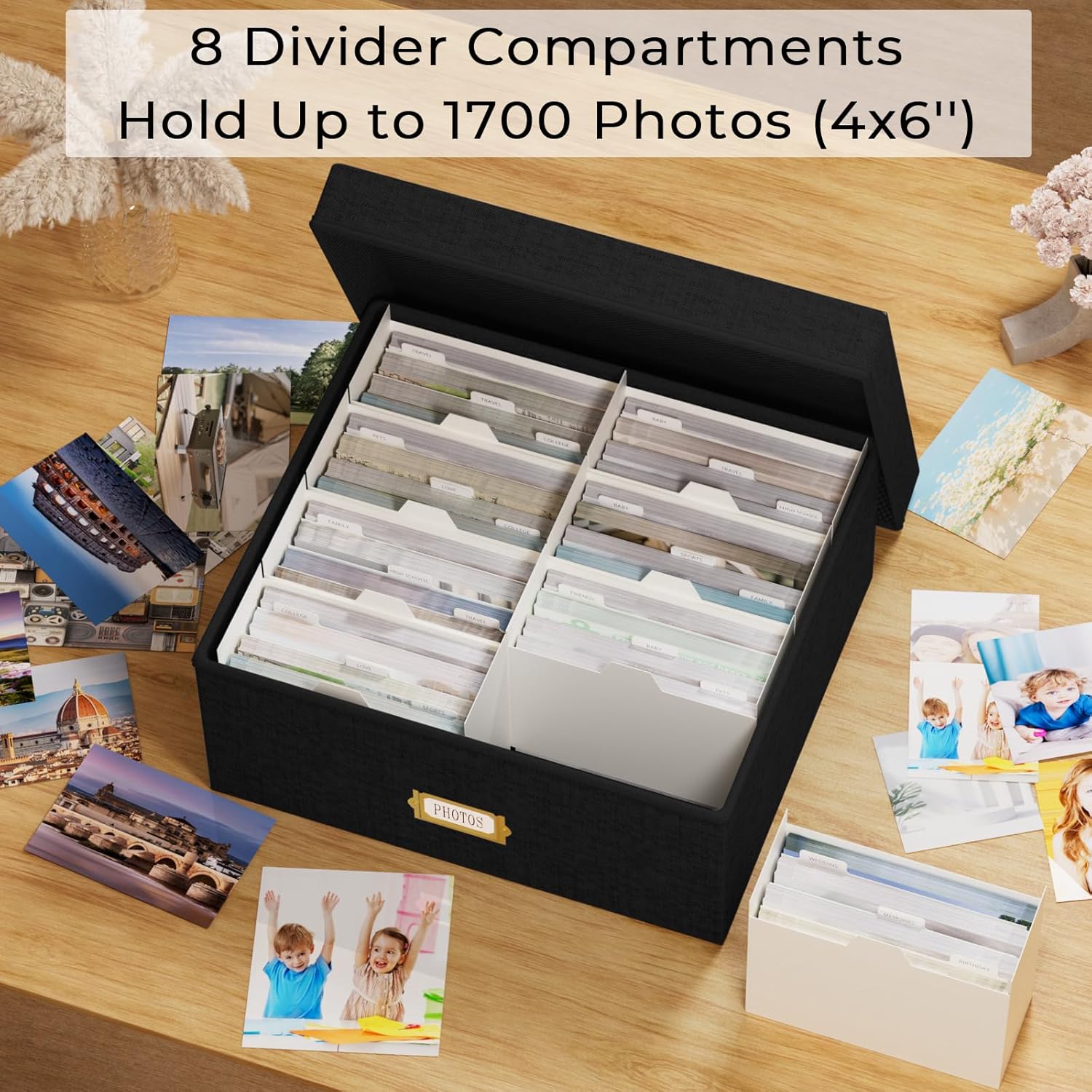 Decorative Photo Storage Box - Linen Photo Box Organizer with Dividers, Fits Holds Up to 1700 Pictures and 4x6 Photos, Memory Keepsake Organizer for Photos, Scrapbook Supplies, Cards, Stamps (Black)