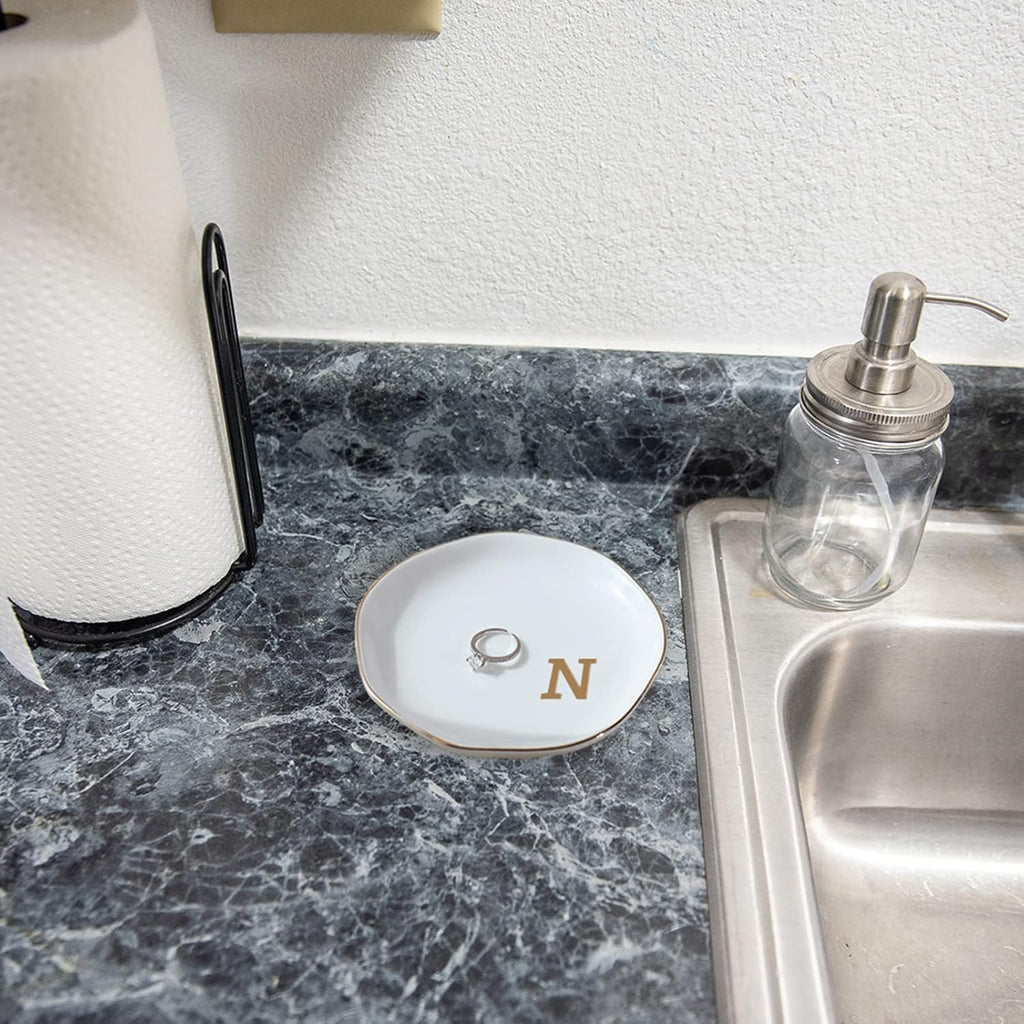 Initials Ring Dish Jewery Tray with personalized N-Monogrammed Gifts Wedding Engagement for Women Friends sister,Ceramic White