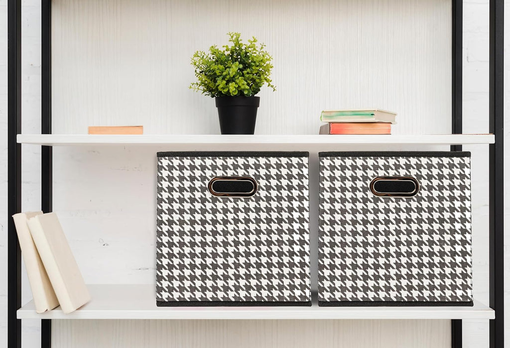 Household Essentials Foldable Fabric Storage Cubes 6-Pack – 11x11x11 Stackable Non-Woven Bins with Chipboard Sides & Grommet Handles – Closet, Shelf, Nursery, or Office Organizer – Houndstooth
