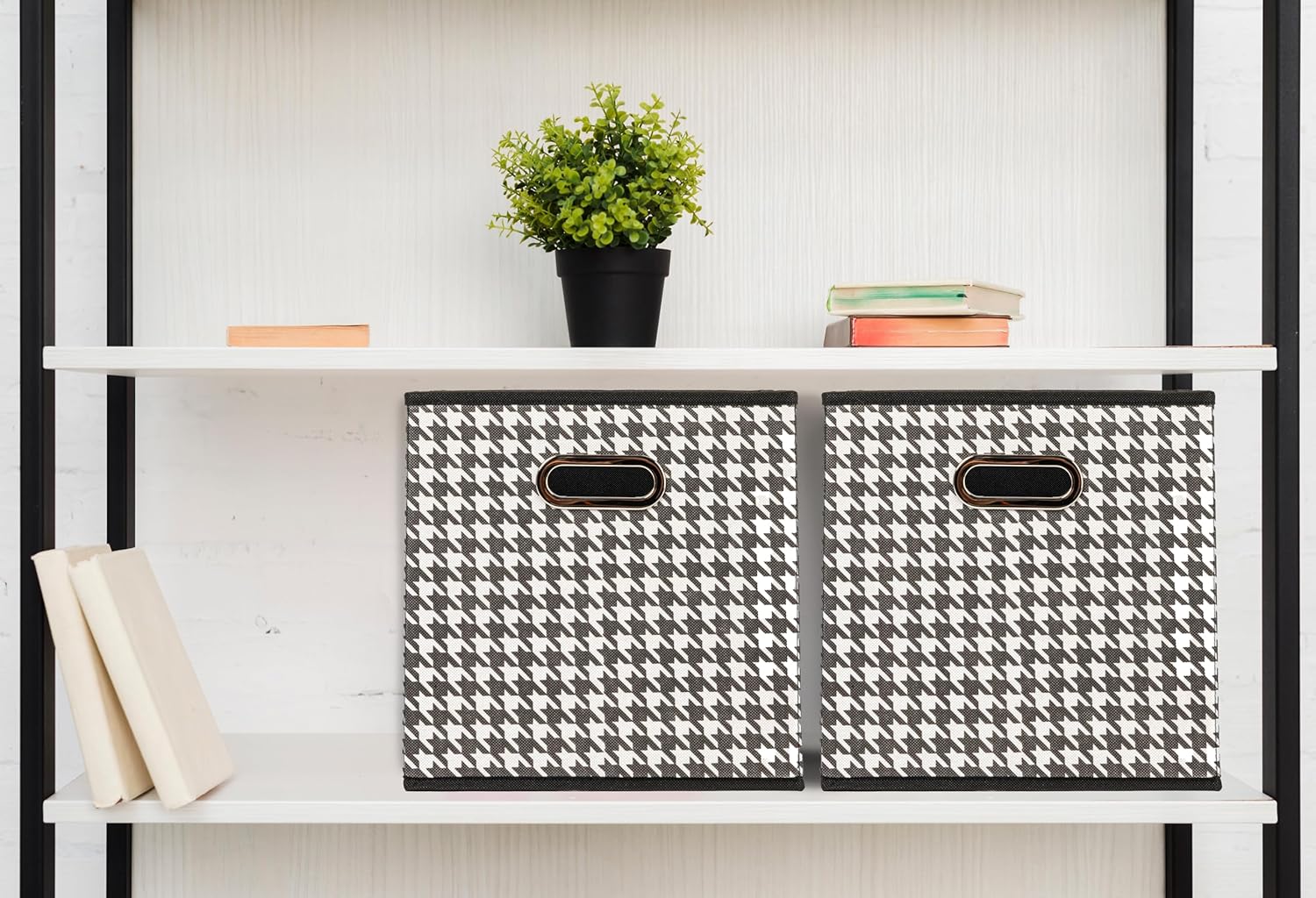Household Essentials Foldable Fabric Storage Cubes 6-Pack – 11x11x11 Stackable Non-Woven Bins with Chipboard Sides & Grommet Handles – Closet, Shelf, Nursery, or Office Organizer – Houndstooth