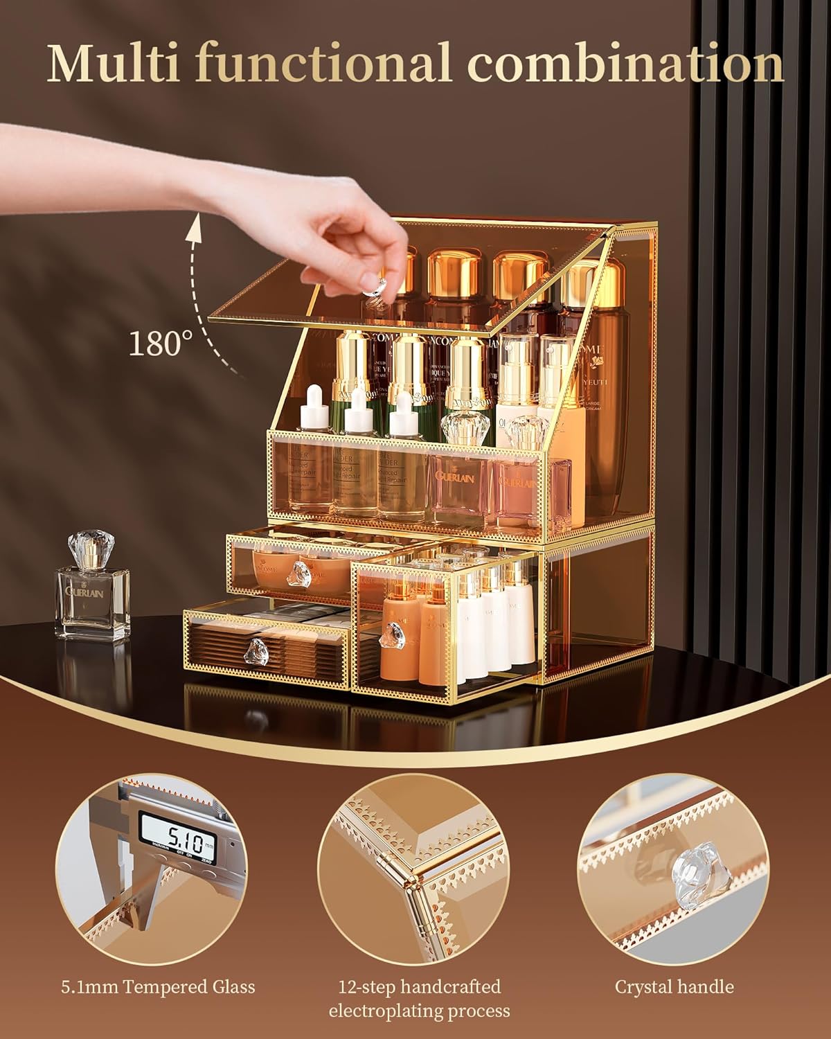 Makeup Organizer Countertop,Amber Makeup Organizer with Drawer, Skincare Holder for Bathroom Countertop,Cosmetic Display Case for Dresser