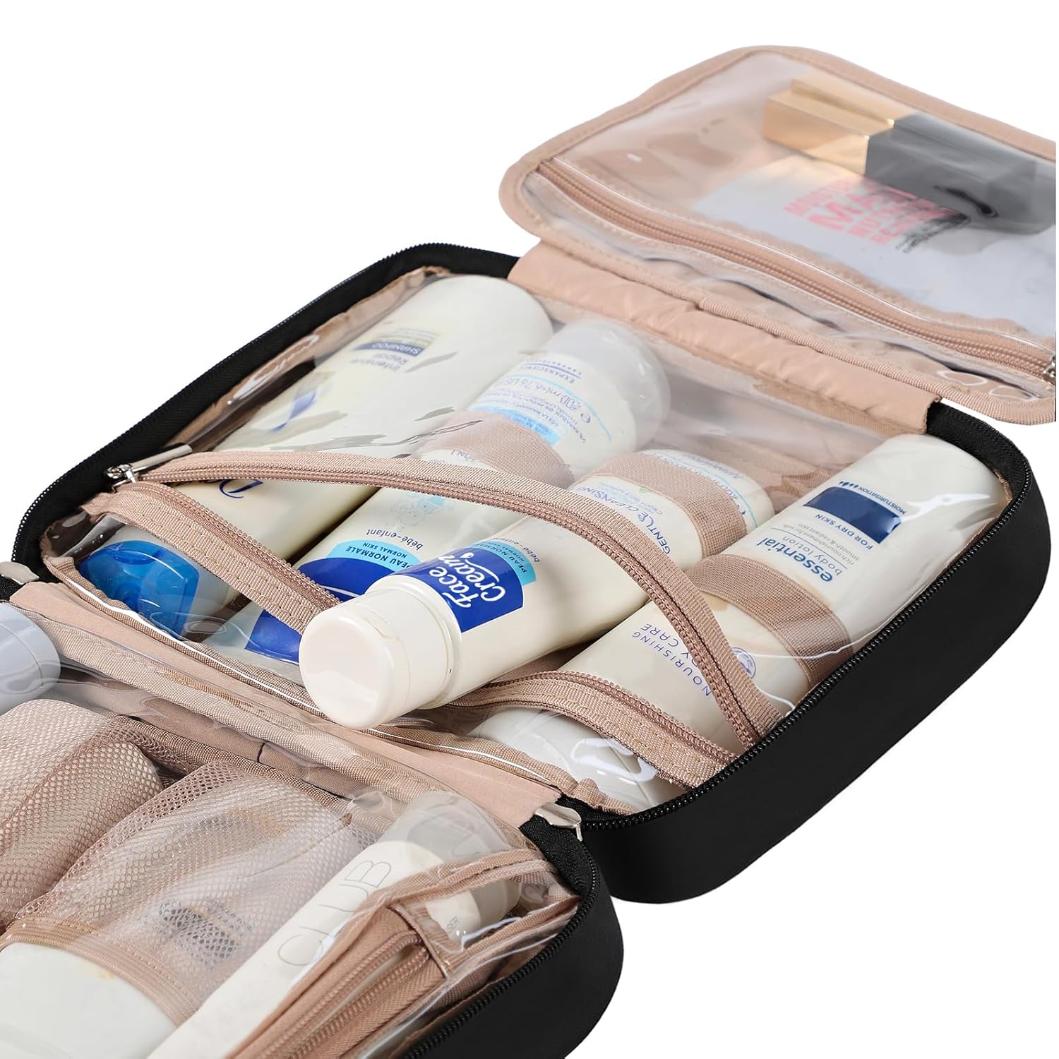 NISHEL Travel Toiletry Bag for Women, Makeup Essentials Organizer, Hanging Case for Accessories, Cosmetics, Medium Size, Black