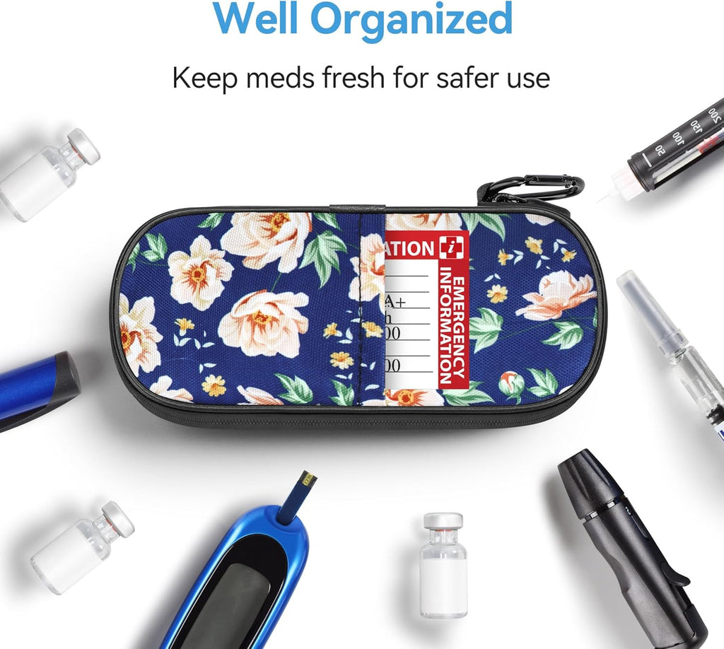 Insulin Cooler Travel Case Diabetic Medication Insulated Cool Organizer with 2 Reusable Ice Packs for Insulin Pen and Other Diabetic Supplies, for The Daily Life and Trip, White Flower