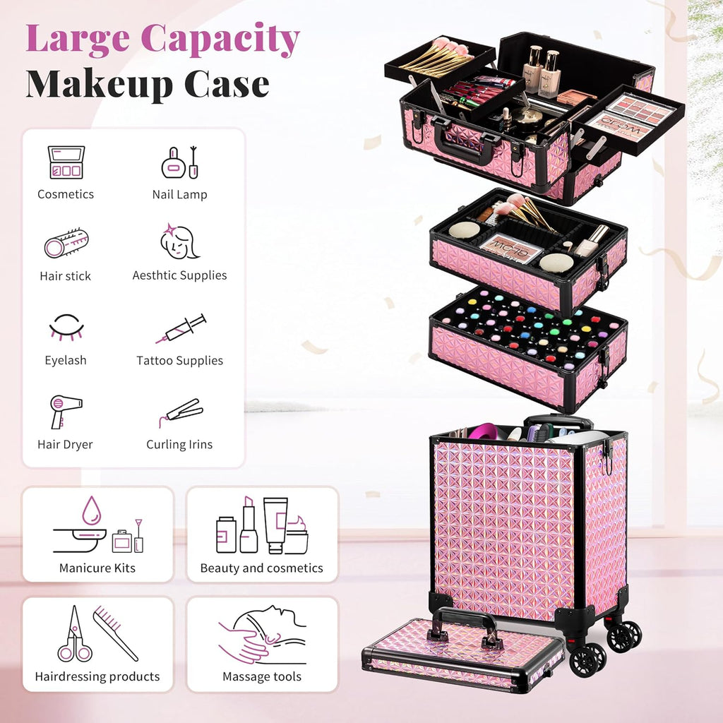 AROUS 5 in 1 Rolling Makeup Train Case Cosmetology Case on Wheels Large Cosmetic Organizer Travel Cart for Hairstylist Artist Nail Beauty Salon Barber,Pink