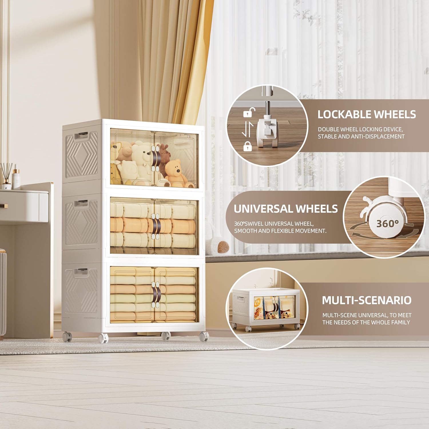 200 QT / 50 Gal Extra Wide Foldable Plastic Cabinet with Double Magnetic Doors & Leather Handles - Stackable, 4 Locking Wheels, Space Saving Storage for Small Spaces