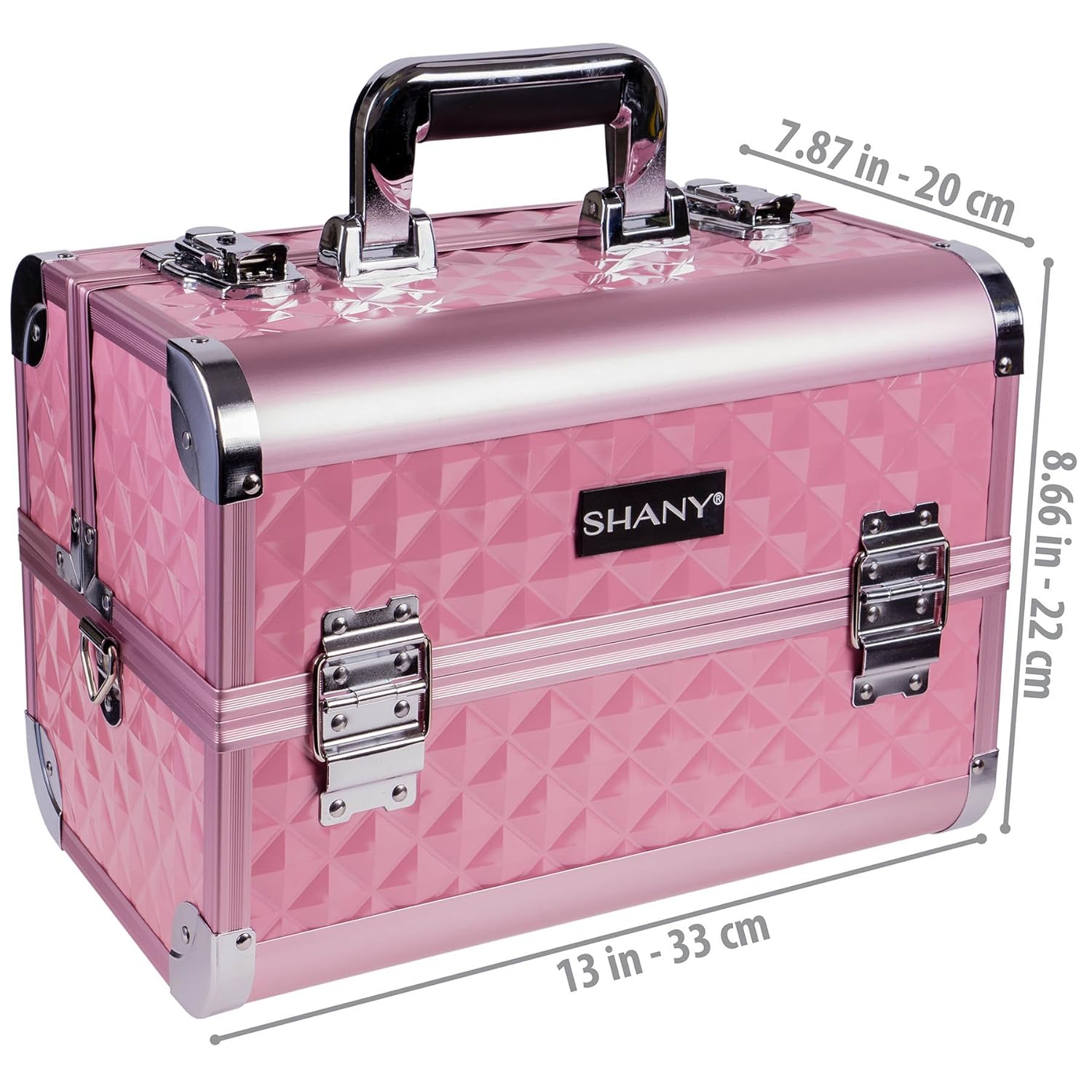 SHANY Premier Fantasy Professional Makeup Train Case Cosmetic Box Portable Makeup Case Organizer Jewelry storage with Locks, 3 Trays, Makeup Brush Holder and Cosmetics Mirror - Pink Diamond