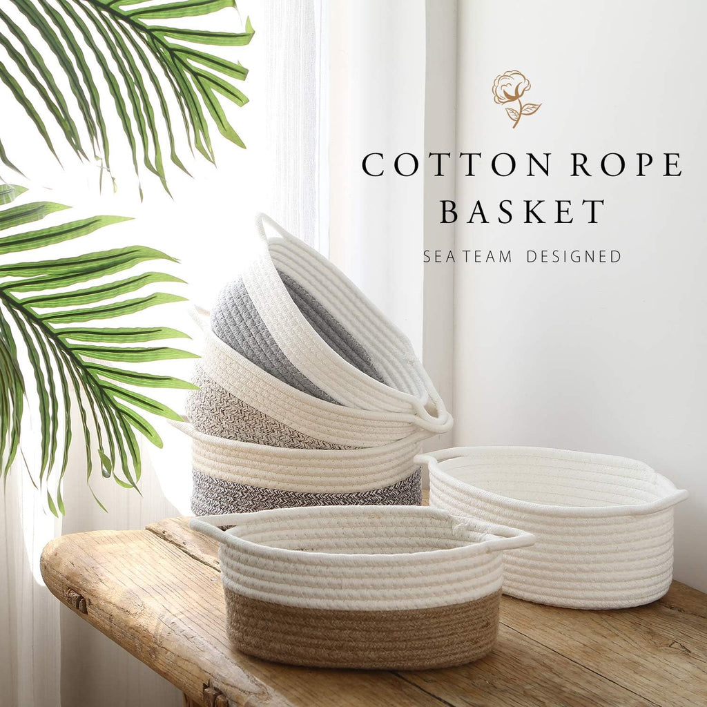 Sea Team 2-Pack Cotton Rope Baskets, 10 x 7 x 4 Inches Small Woven Storage Basket, Fabric Tray, Bowl, Oval Open Dish for Fruits, Jewelry, Keys, Sewing Kits (Mottled Brown & White)