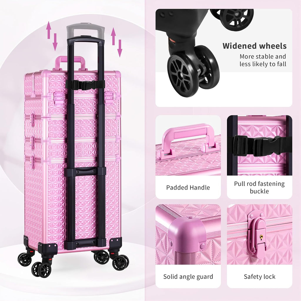 AROUS 5 in 1 Rolling Makeup Train Case Cosmetology Case on Wheels Large Cosmetic Organizer Travel Cart for Hairstylist Artist Nail Beauty Salon Barber,All Pink
