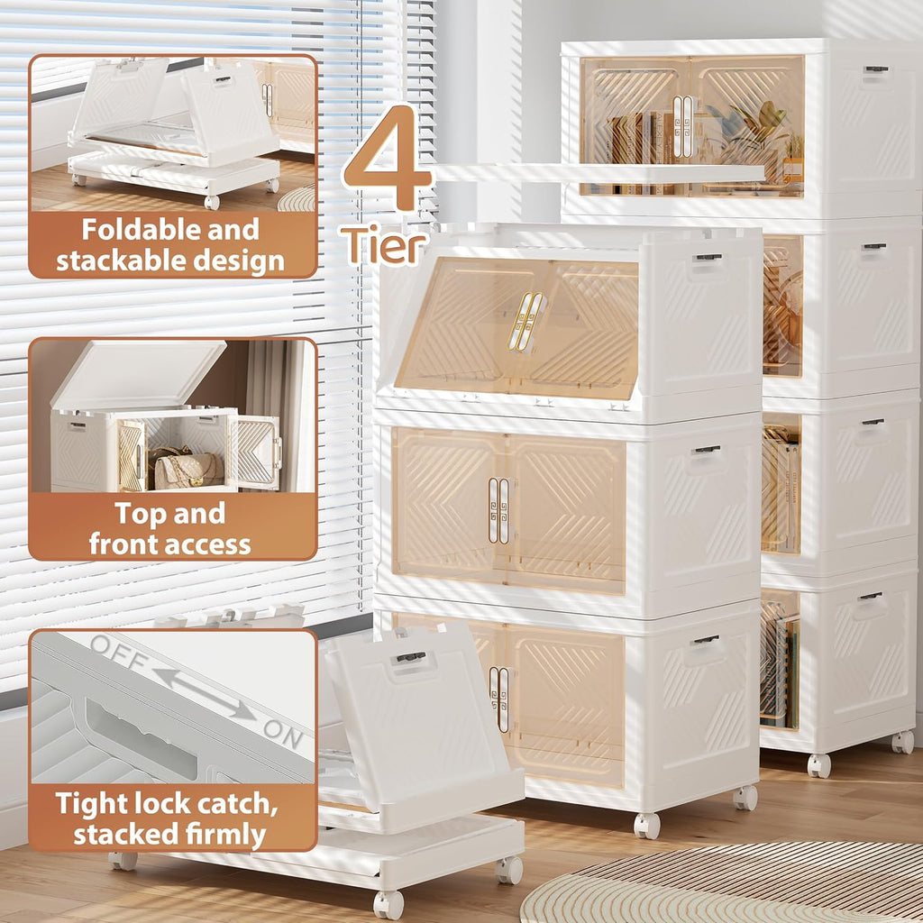 Storage Bins with Lid 76QT, Stackable Storage Containers with Wheels and Magnetic Doors, Plastic Clothes Closet Organizers and Storage Box for Home and Office (4 Pack)