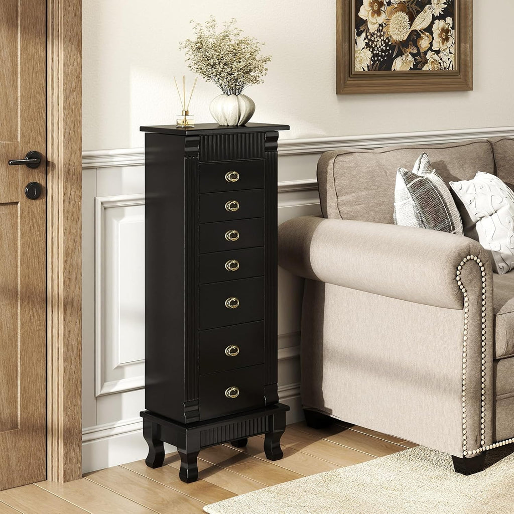 Giantex Standing Jewelry Cabinet with 7 Drawers, Flip-Top Mirror, 2 Side Doors with 12 Necklace Hooks, Divided Ring Compartments, Velvet-Lined Jewelry Armoire Organizer Chest (Black)