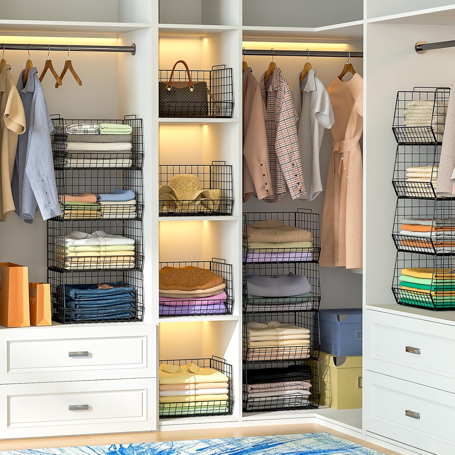 4-Tier Stackable Closet Organizers and Storage Shelves, Foldable Closet Shelf Organizer System, Space-Saving Clothes Storage Drawer Organizer Basket Bins, Black