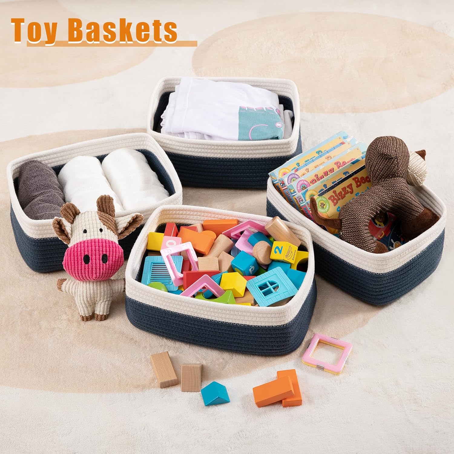 OIAHOMY 4 Pack Storage Baskets for Organizing, Small Bins for Shelves, Cute Decorative Storage Bins, Organizer Baskets for Gifts Empty, 11.8''Lx7.8''Wx4.7''H, Blue/White