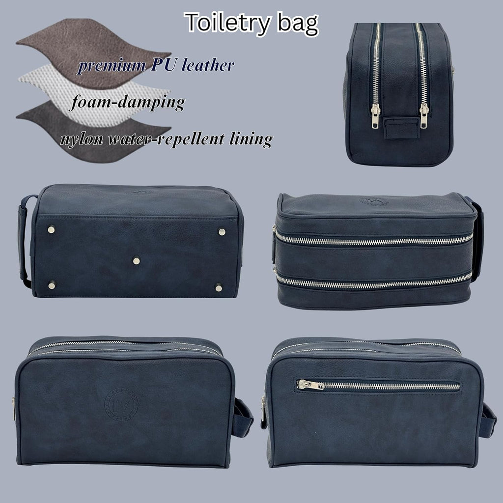 Dopp Gift Large Travel Toiletry Bag Premium Quality PU Leather Two compartments YKK Zippers Water-resistant Bottom Studs Mesh Pockets Durable Cosmetic Organizer NAVY BLUE