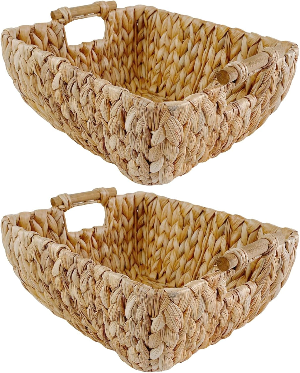 Medium Rectangular Handwoven Wicker Basket - Water Hyacinth Storage Baskets with 2 Polished Wooden Handles for Store Hand Towel, Fruits & Veggies etc – 10.75"x15.25"x5" - Pack of 2 - Natural