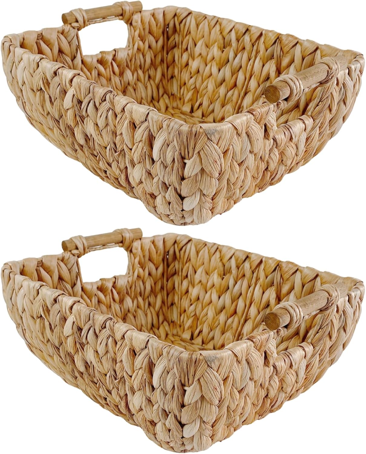 Small Rectangular Handwoven Wicker Basket - Water Hyacinth Storage Baskets with 2 Polished Wooden Handles for Store Hand Towel, Fruits & Veggies etc – 12.25"x7"x4.75" - Pack of 2 - Natural