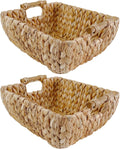 Large Rectangular Handwoven Wicker Basket - Water Hyacinth Storage Baskets with 2 Polished Wooden Handles for Store Hand Towels, Fruits & Veggies etc - 13.25"x12"x6.25" - Pack of 2 - Natural