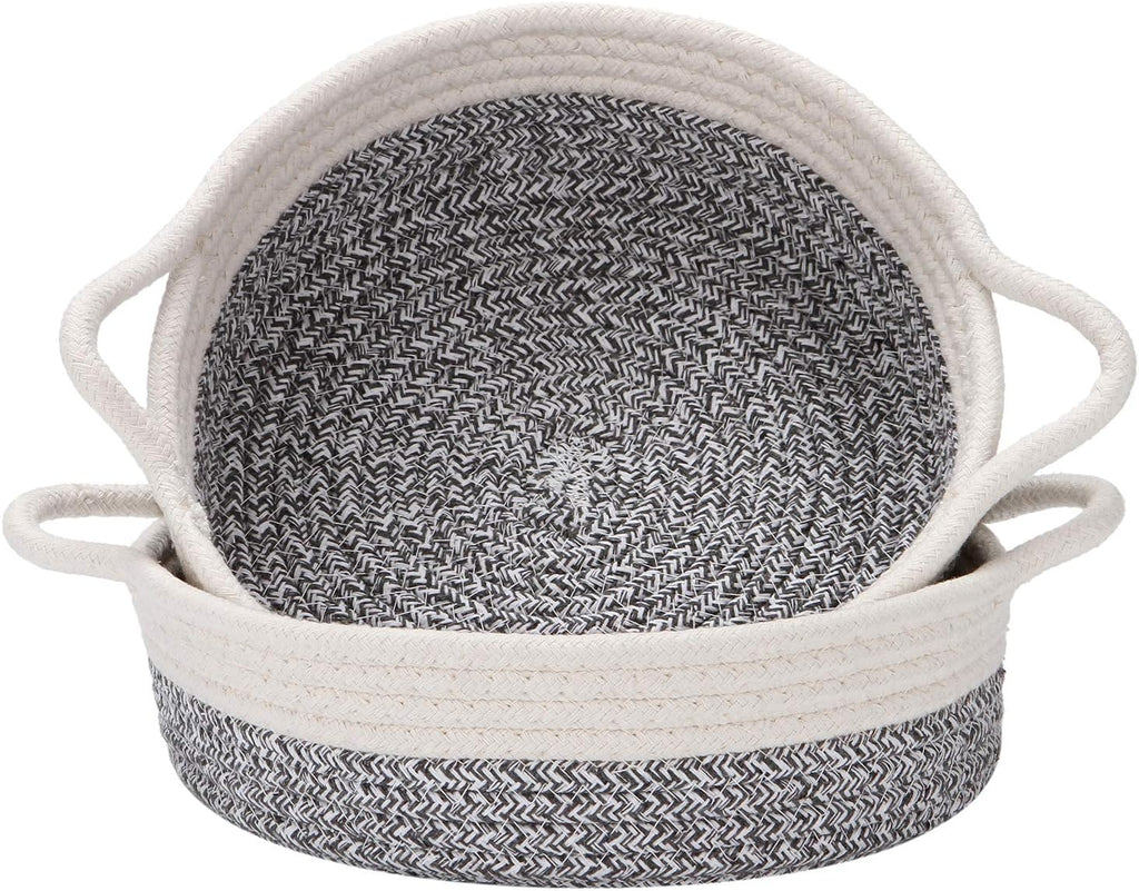 Sea Team 2-Pack Cotton Rope Baskets, 10 x 3 Inches Small Woven Storage Basket, Fabric Tray, Bowl, Round Open Dish for Fruits, Jewelry, Keys, Sewing Kits (Mottled Grey & White)
