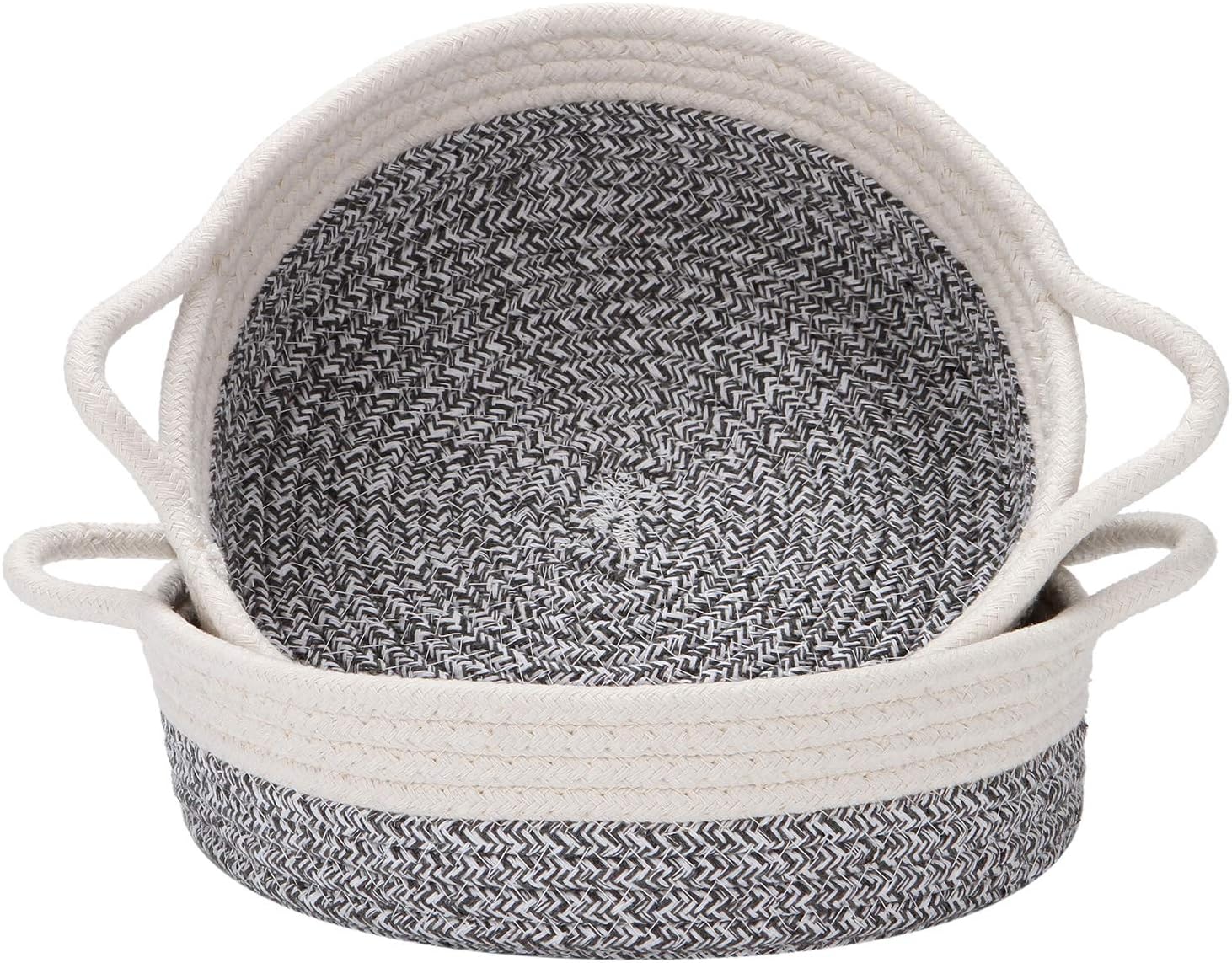 Sea Team 2-Pack Cotton Rope Baskets, 10 x 3 Inches Small Woven Storage Basket, Fabric Tray, Bowl, Round Open Dish for Fruits, Jewelry, Keys, Sewing Kits (Mottled Grey & White)