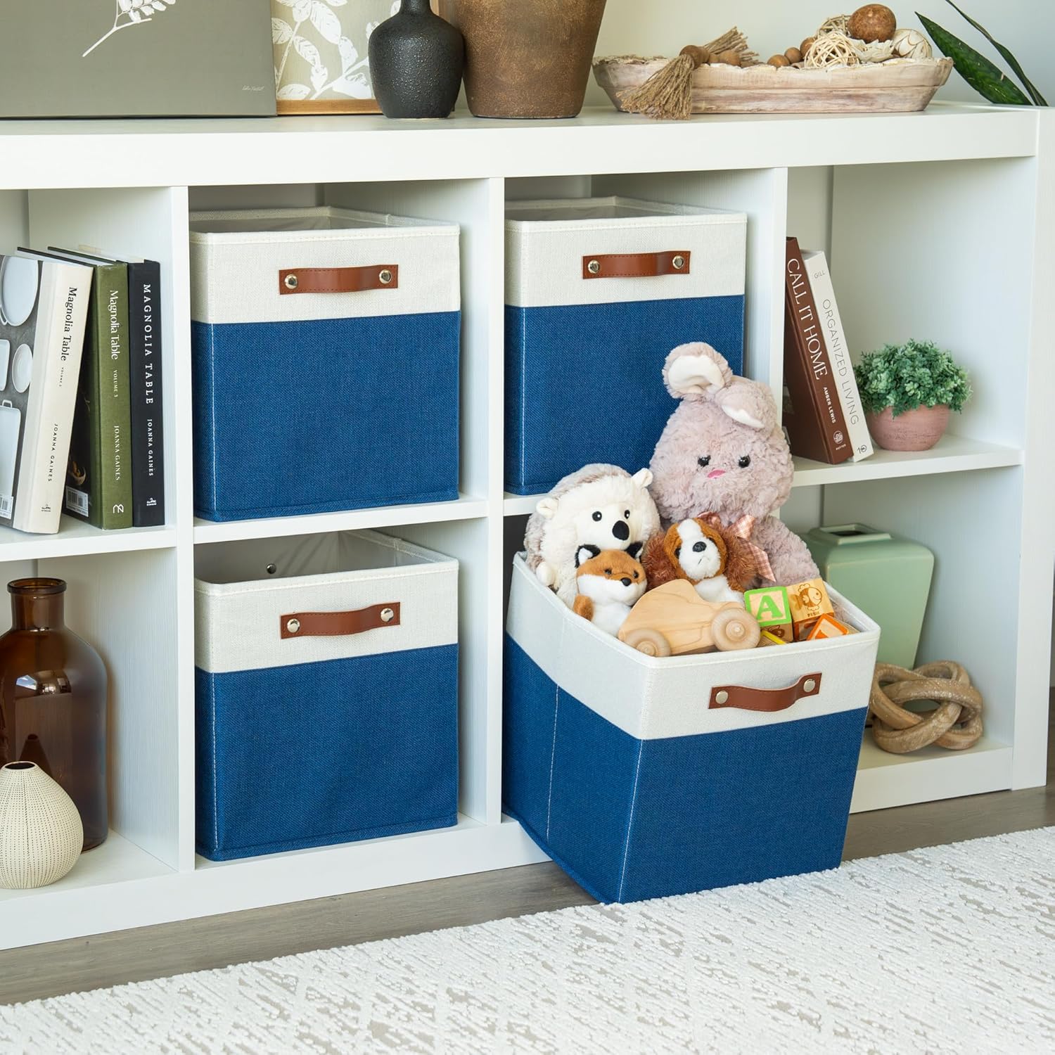 OrganiHaus 11" x 11" x 11" Fabric Cubes Storage Bins Set of 4, Foldable Collapsible Canvas Storage Bins for Organizer, Toy Organizer for Kallax, 11 Inch Linen Cube Shelf Baskets - Navy Blue