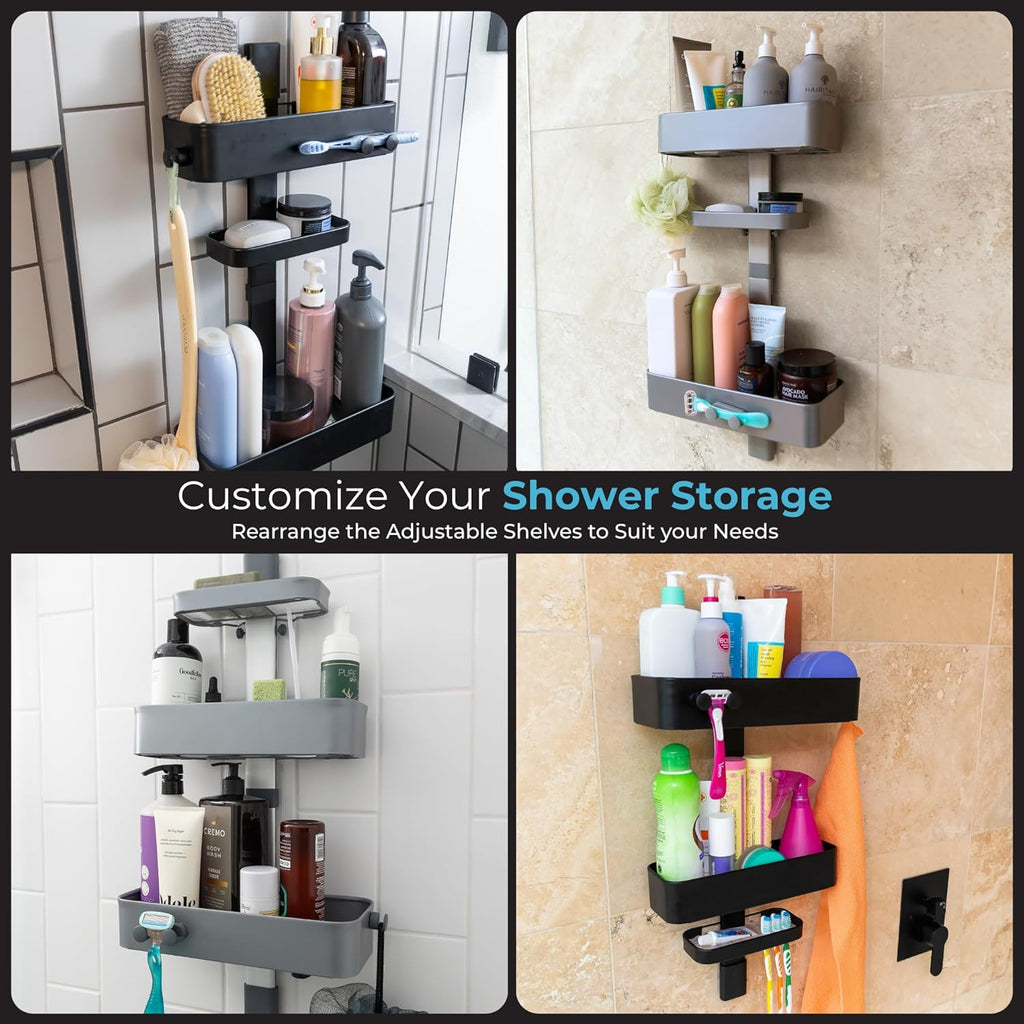 Rust Resistant Hygienic Shower Caddy – Hanging Bathroom Organizer with Adjustable Shelves, Easy Clean Trays & Magnetic Hooks for DIY Remodels & Shower Niches - Graphite