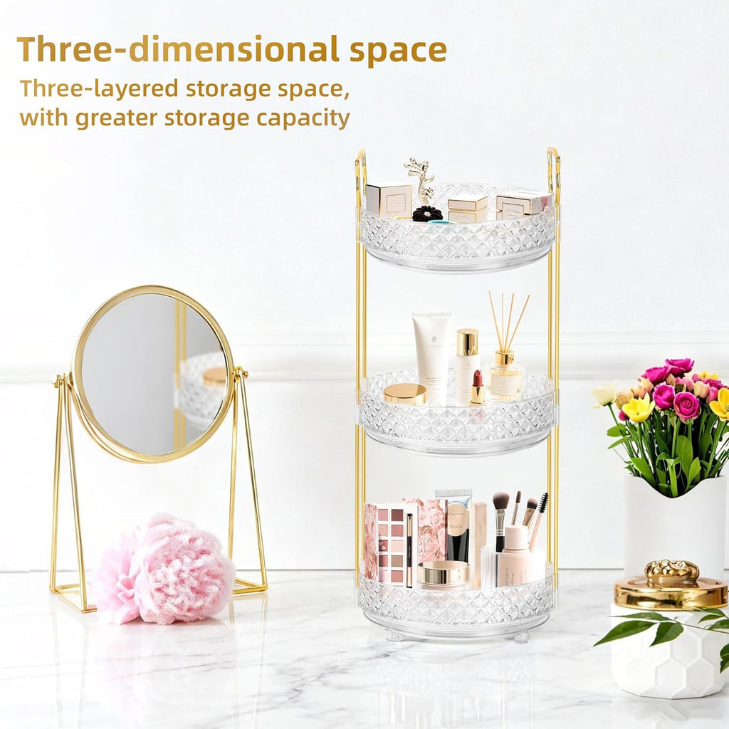 360 Rotating Rotating Makeup Organizer for Vanity, 3 Tier Perfume Skincare Organizers and Storage for Bathroom Countertop, Clear Spinning Counter Cosmetic Holder for Dresser,Clear