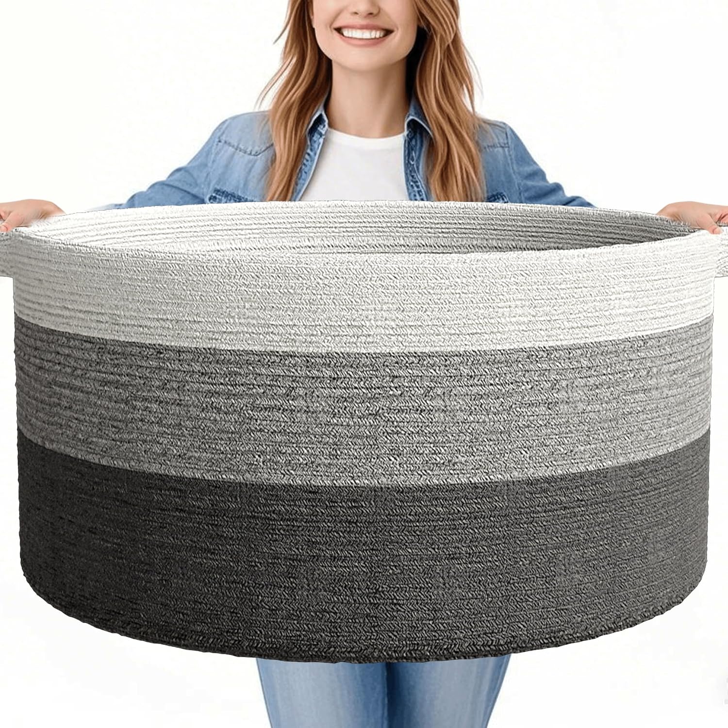 125L Extra Large Blanket Basket, 25" x 16", Jumbo Laundry Woven Baskets Decorative Home, Cotton Rope Basket with Handles, Baby Toy Baskets for Storage, Gradual Gray