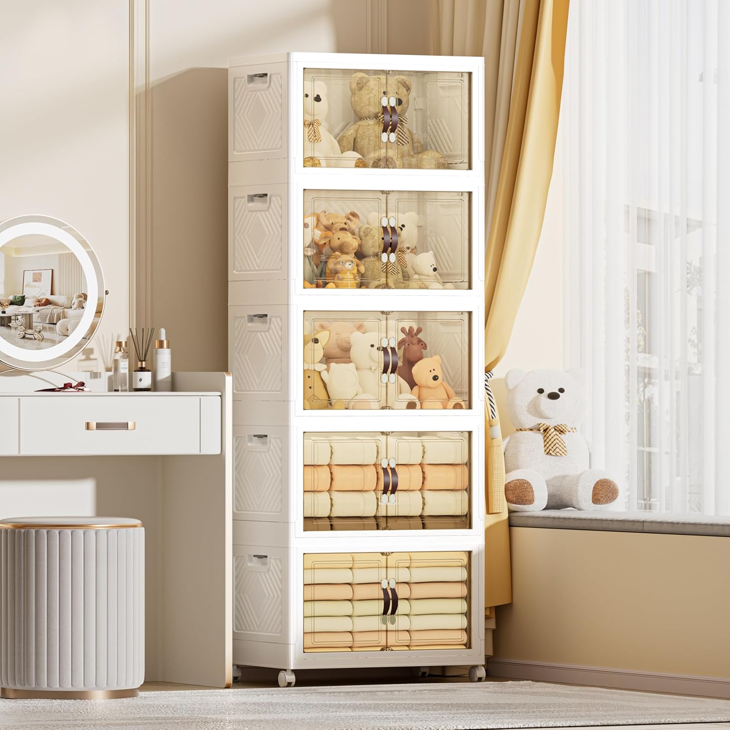 332 QT / 83 Gal Extra Wide Foldable Plastic Cabinet with Double Magnetic Doors & Leather Handles - Stackable, 4 Locking Wheels, Space Saving Storage for Small Spaces