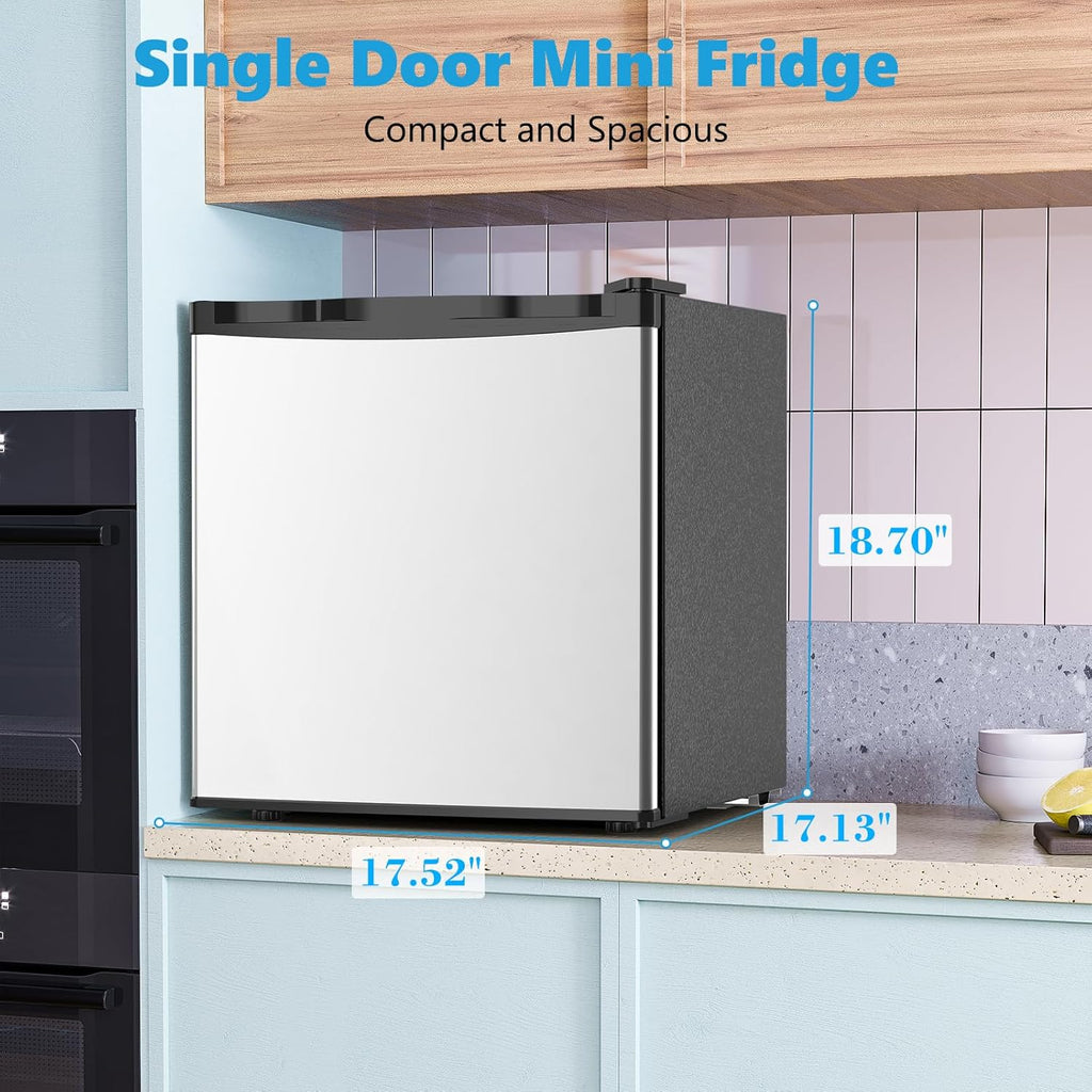 1.6 Cu.ft Mini Fridge with Freezer, Compact Refrigerator, Single Reversible Door, Ultra Quiet, Energy Efficient for Office, Dorm, Bedroom, Apartment, Silver