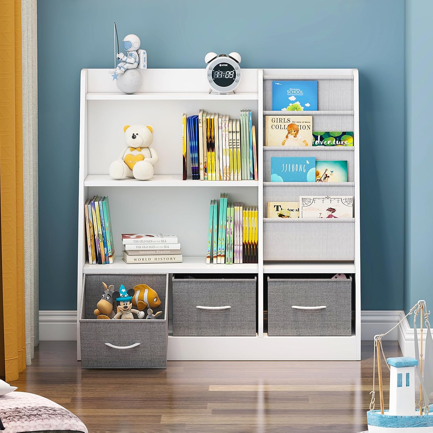 White Kids Bookshelf Wood Toy Storage Organizer Cabinet Children Bookcase Toddler Baby Sling Book Rack 3 Cube Bins Fabric Drawers for Playroom Bedroom Nursery School