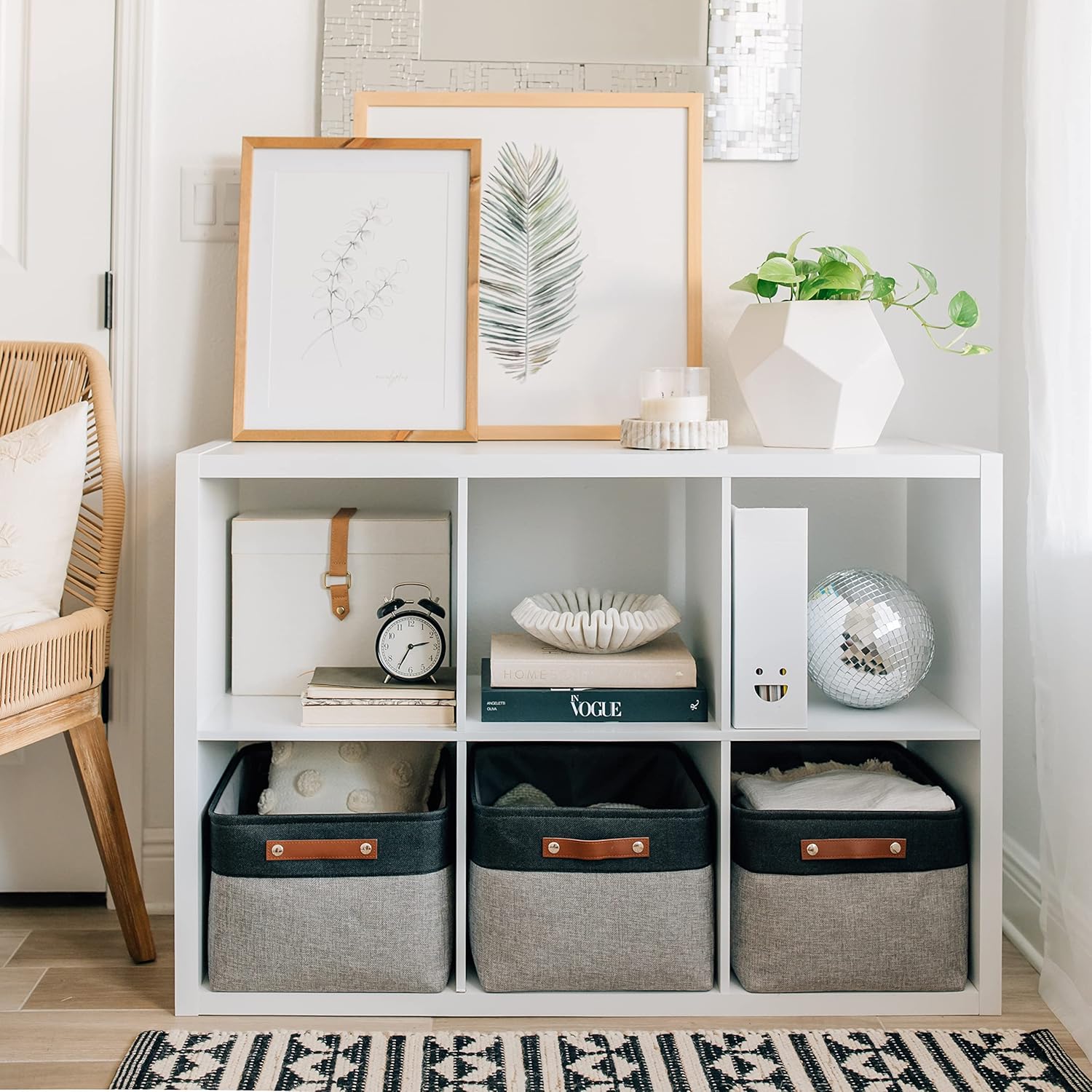 OrganiHaus Extra Large Fabric Storage Baskets for Shelves 3 Pack, 16x13in Closet Storage Bins for Shelves, Canvas Baskets for Organizing, Linen Closet Organizers, Cloth Basket, Gray/Black